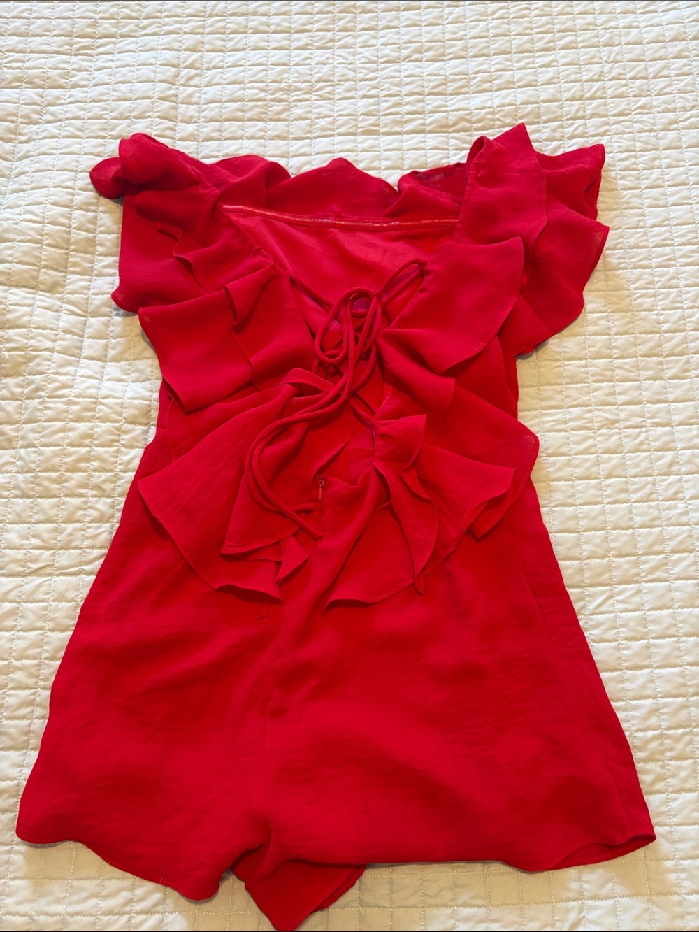 Red Ruffled Off-Shoulder Romper - Picture 6 of 8